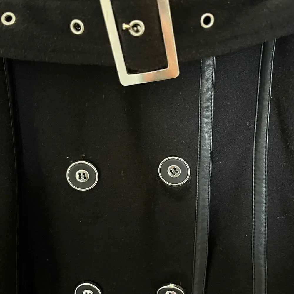 Excelled Collection Women’s Black and Silver Hardware Peacoat with Belt- Small